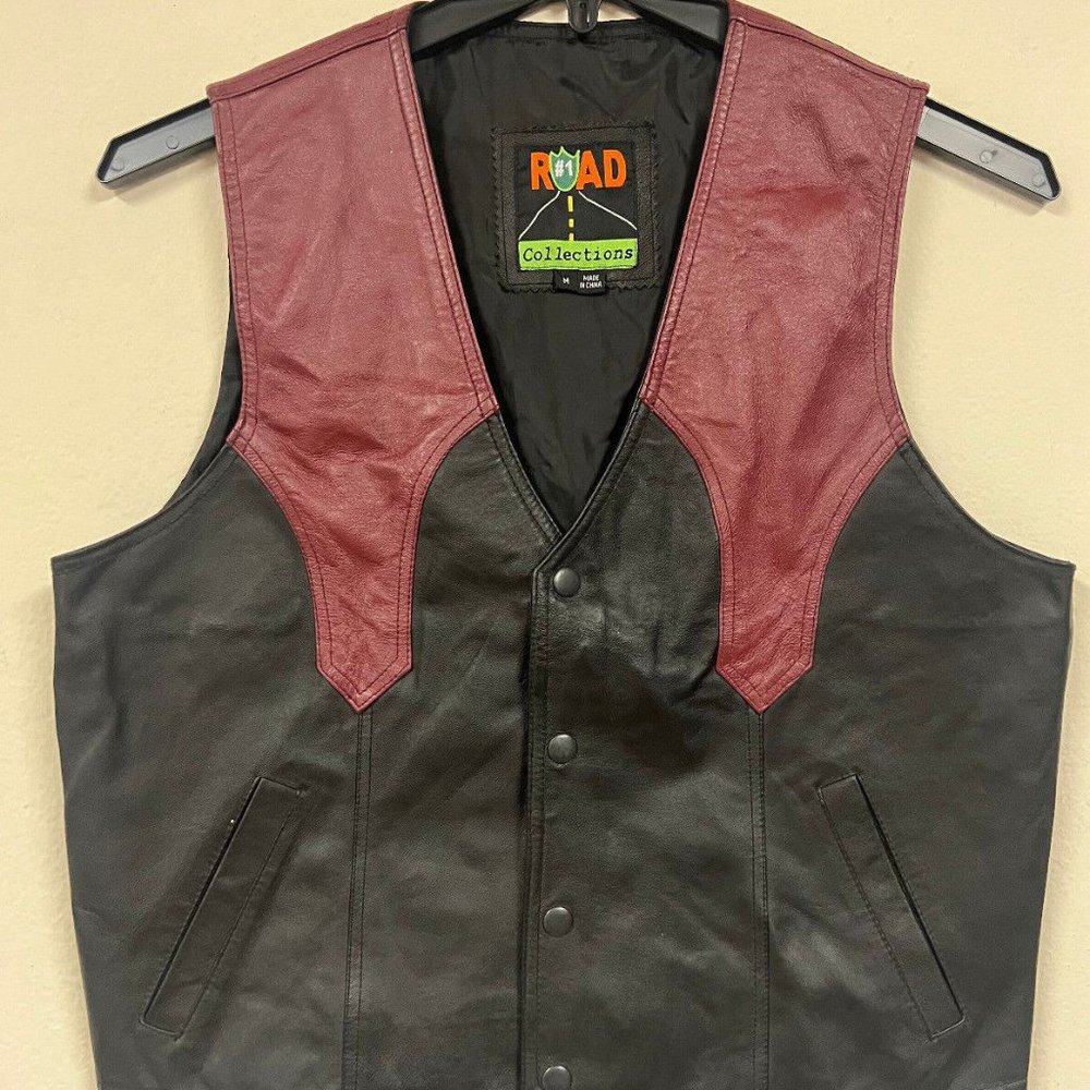 Men's Leather Vest Western Style Black & Burgundy Color - Genuine Leather - NEW